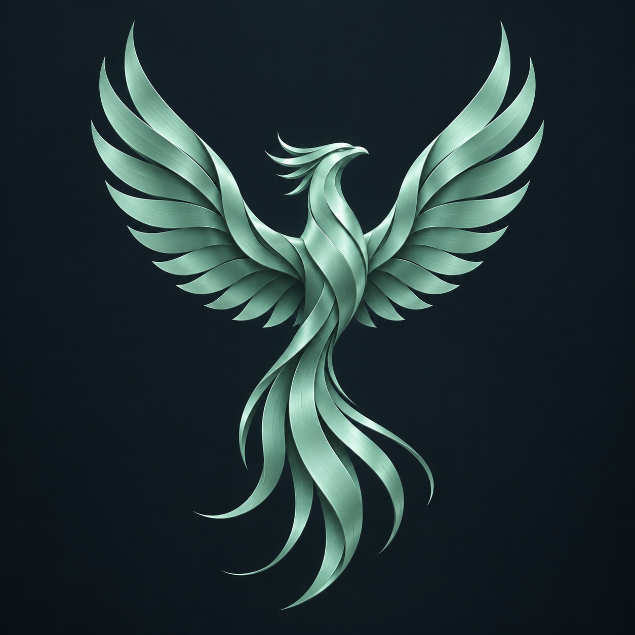 A sculptural mint phoenix with uplifted wings